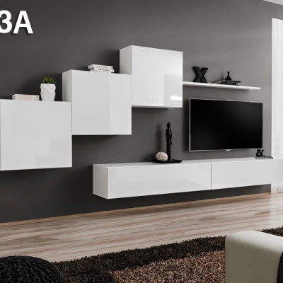 Conjunto modular de móveis brancos suspensos numa parede cinzenta com televisão e decoração
