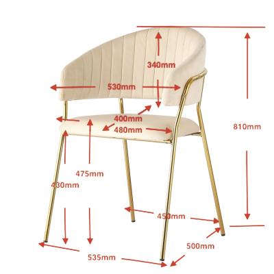 Cadeira estofada bege com pernas douradas e medidas em vermelho