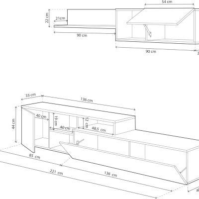 Desenho técnico de móvel de sala com medidas em centímetros.
