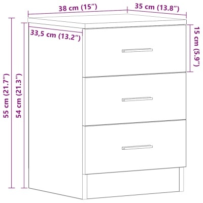 Desenho técnico de cómoda com três gavetas e medidas anotadas