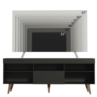 Móvel de TV preto com várias televisões de diferentes tamanhos indicados