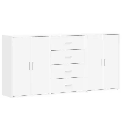 Conjunto de móveis brancos com armários e gavetas