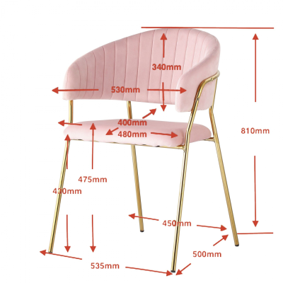 Cadeira rosa estofada com pernas douradas e medidas em milímetros