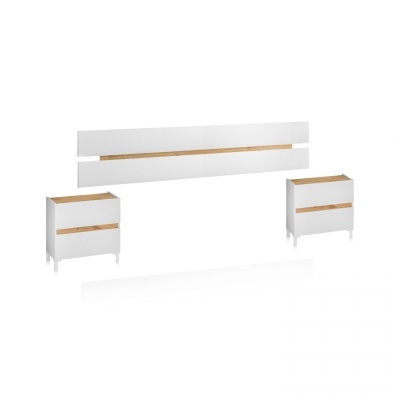 Conjunto de móvel de cabeceira branco com detalhes em madeira natural