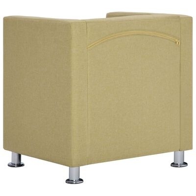 Poltrona amarela clara de tecido com bolso e pés metálicos