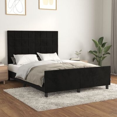 Cama de casal preta com cabeceira estofada, roupa de cama clara e decoração minimalista