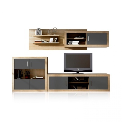 Conjunto de móveis para sala em madeira clara e cinza escuro com prateleiras e armários