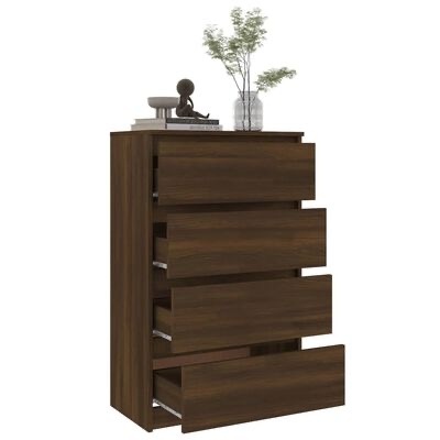 Cómoda castanha escura com quatro gavetas e decoração no topo