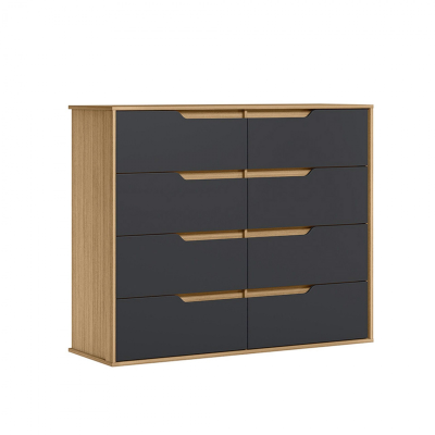 Cómoda em madeira clara com gavetas cinza escuro e puxadores embutidos