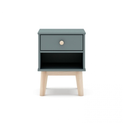 Mesa de cabeceira azul com gaveta e pernas de madeira clara