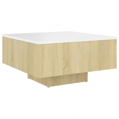 Mesa de centro quadrada em madeira clara com tampo branco