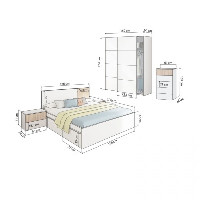 Mobiliário de quarto branco incluindo cama, mesas de cabeceira, guarda-roupa e aparador com dimensões