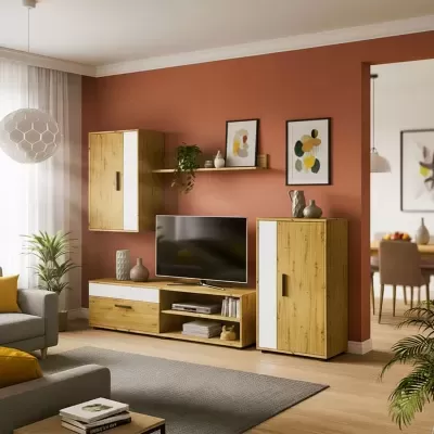 Conjunto de móveis em madeira clara e branco numa sala com parede terracota e decoração moderna