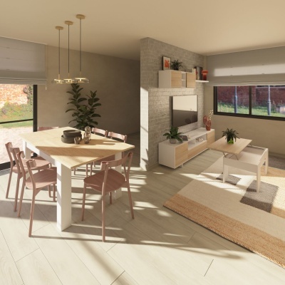 Sala de estar e jantar moderna com mesa, cadeiras, sofá, móveis e janelas grandes