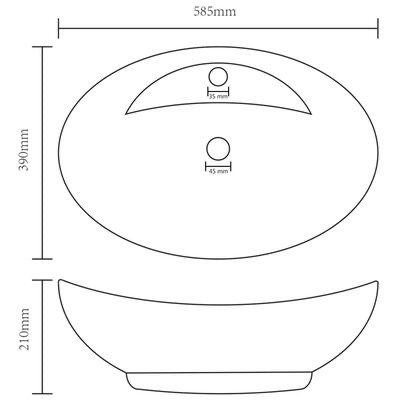 Desenho técnico de pia oval com dimensões e orifícios circulares