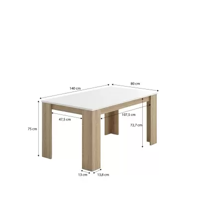 Mesa retangular branca com pernas de madeira clara e medidas anotadas.