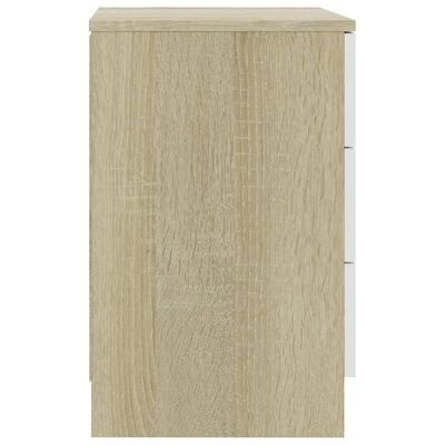 Móvel de madeira clara com vidro de gavetas brancas vistas de lado