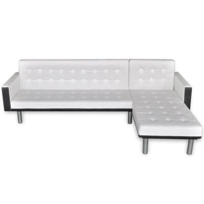 Sofá chaise longue branco com pernas metálicas e braços pretos