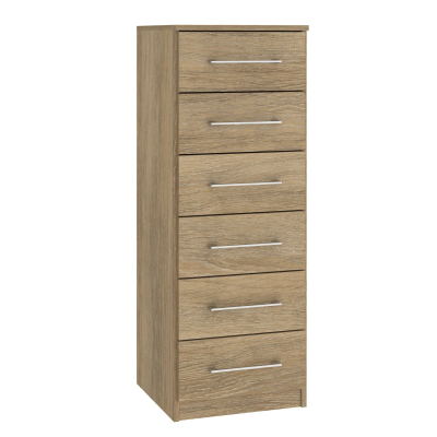 Cômoda alta com seis gavetas em madeira carvalho