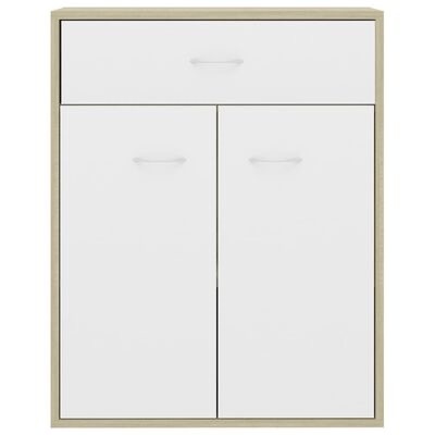 Armário de madeira claro com gaveta e duas portas brancas com puxadores