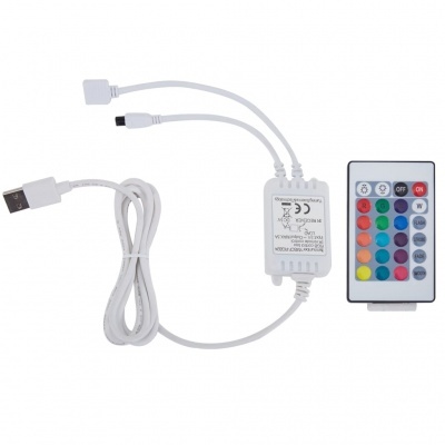 Cabo USB branco com controlador e controlo remoto para fita LED RGB