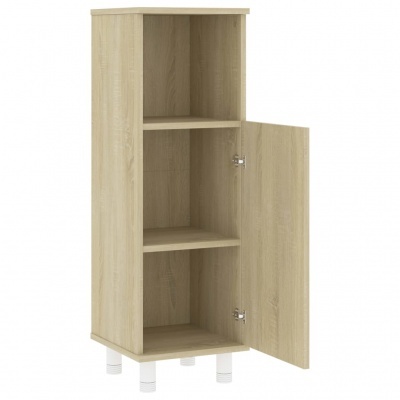 Armário vertical de madeira clara com porta aberta e pés brancos