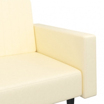 Sofá de couro sintético bege com braço quadrado e pernas pretas