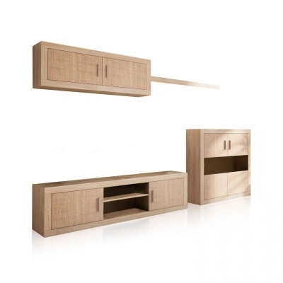 Conjunto de móveis de sala em madeira clara com padrão trançado nas portas