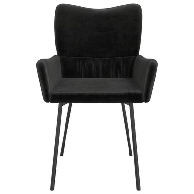 cadeira preta com estofado aveludado e pernas metálicas finas