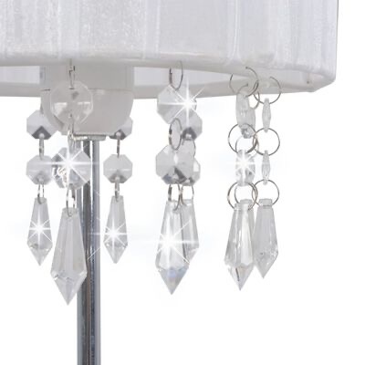 Candeeiro de pé com pendentes em cristal transparente e cúpula branca