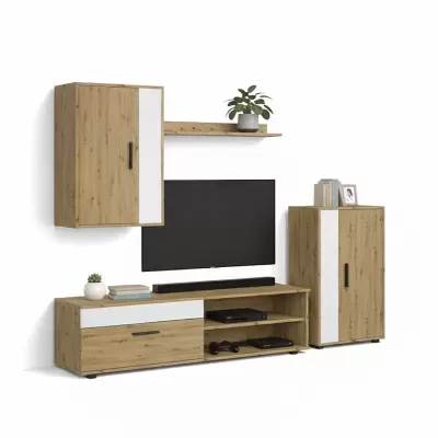 Conjunto de móveis de madeira clara com detalhes brancos e objetos decorativos numa sala