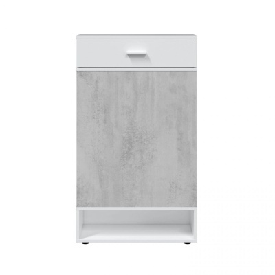 Móvel compacto branco com porta cinzenta estilo betão e gaveta com puxador