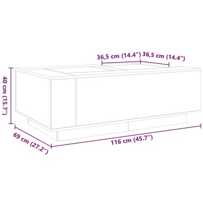 Desenho técnico de mesa de centro retangular com medidas em centímetros e polegadas.