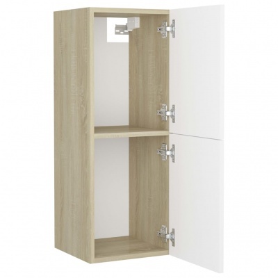 Móvel de cozinha em madeira clara com duas portas brancas abertas