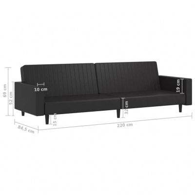 Sofá preto de tecido com design moderno e dimensões indicadas