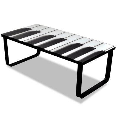 Mesa retangular com tampo decorado como teclas de piano em preto e branco