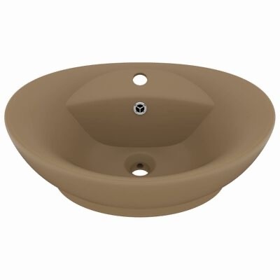 Lavatório de bancada oval castanho de cerâmica com abertura para torneira e ralo