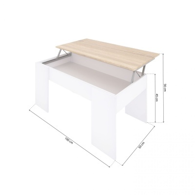 Secretária branca com tampo em madeira clara elevatório e espaço de arrumação interior