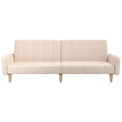 Sofá cama bege claro com pernas de madeira clara