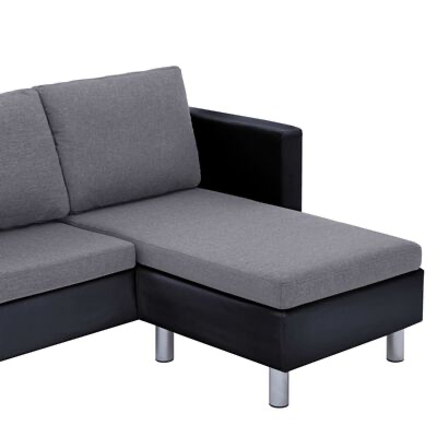 Sofá-cama chaise longue cinzento com estrutura preta e pés prateados