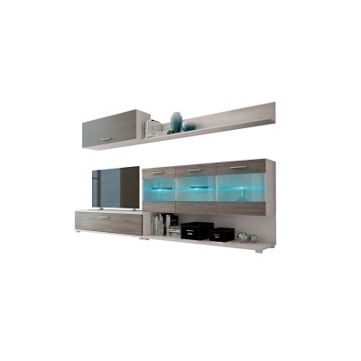 Móvel de sala moderno em madeira cinza claro com iluminação azul