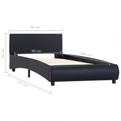 Cama individual estofada preta com estrado de ripas e medidas indicadas