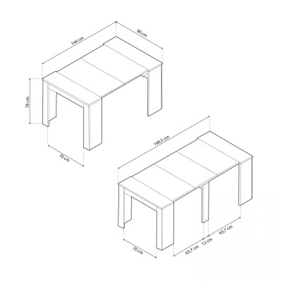 Desenho técnico de mesas retangulares extensíveis com medidas