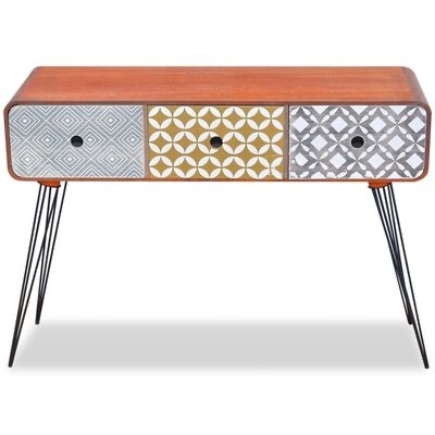 Consola de madeira com três gavetas coloridas e padrões geométricos e pernas metálicas finas pretas