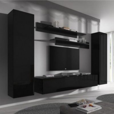 Móveis de sala de estar pretos brilhantes montados numa parede branca