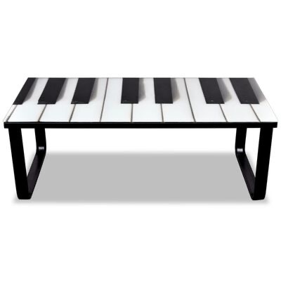 Mesa de centro com tampo imitando teclas de piano preto e branco com pernas metálicas pretas