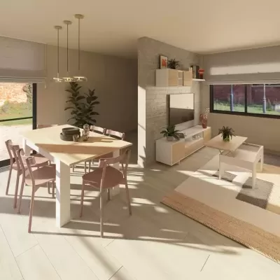 Sala moderna com mesa de jantar branca, cadeiras rosas e janela grande.