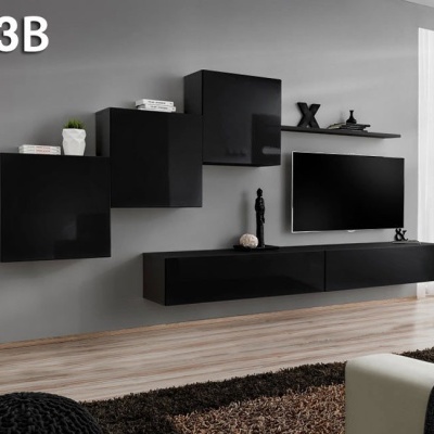 móveis suspensos pretos brilhantes com televisão numa sala moderna