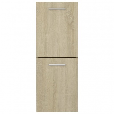 Armário de cozinha em madeira clara com duas portas e puxadores metálicos