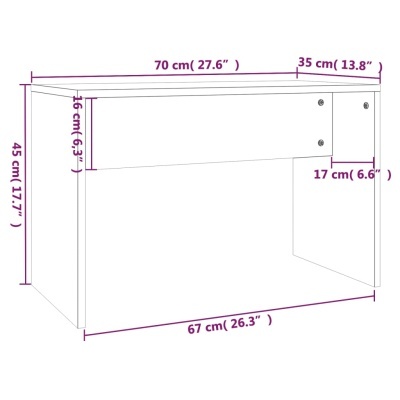 Desenho técnico de móvel branco com dimensões em cm e polegadas